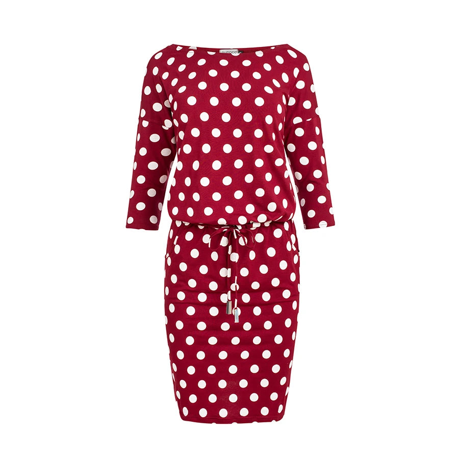 13-111 Sportkleid mit Bindung und Taschen - Burgund + Tupfen