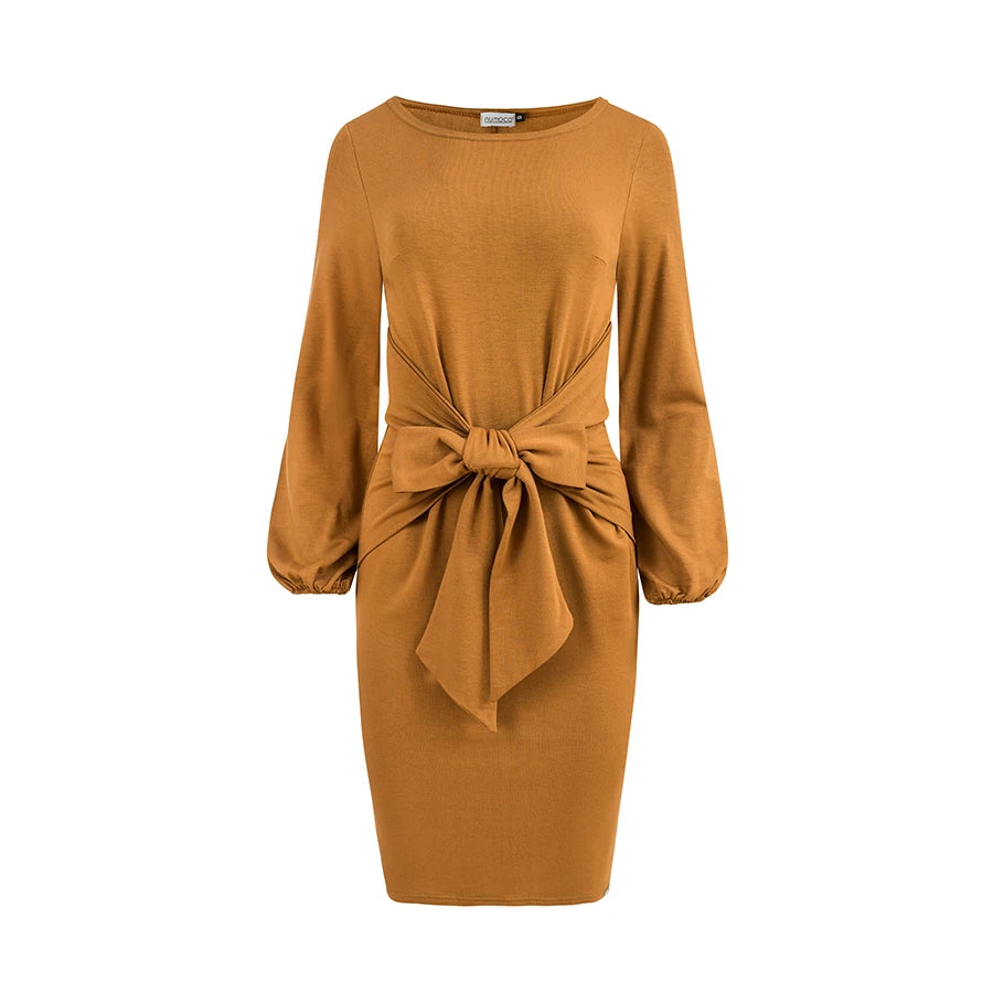 275-1 JENNY Bequeme Kleid an der Taille mit Bindung - Karamel