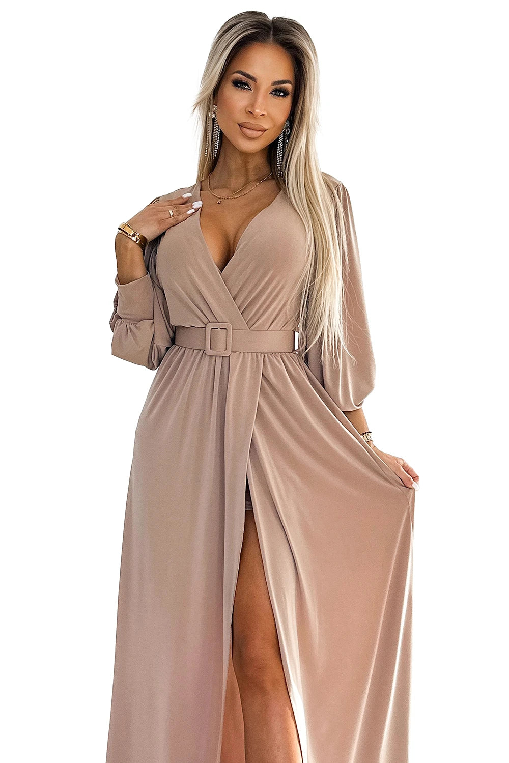 536-2 FIORELLA Langes Kleid mit breitem Gürtel und Ausschnitt