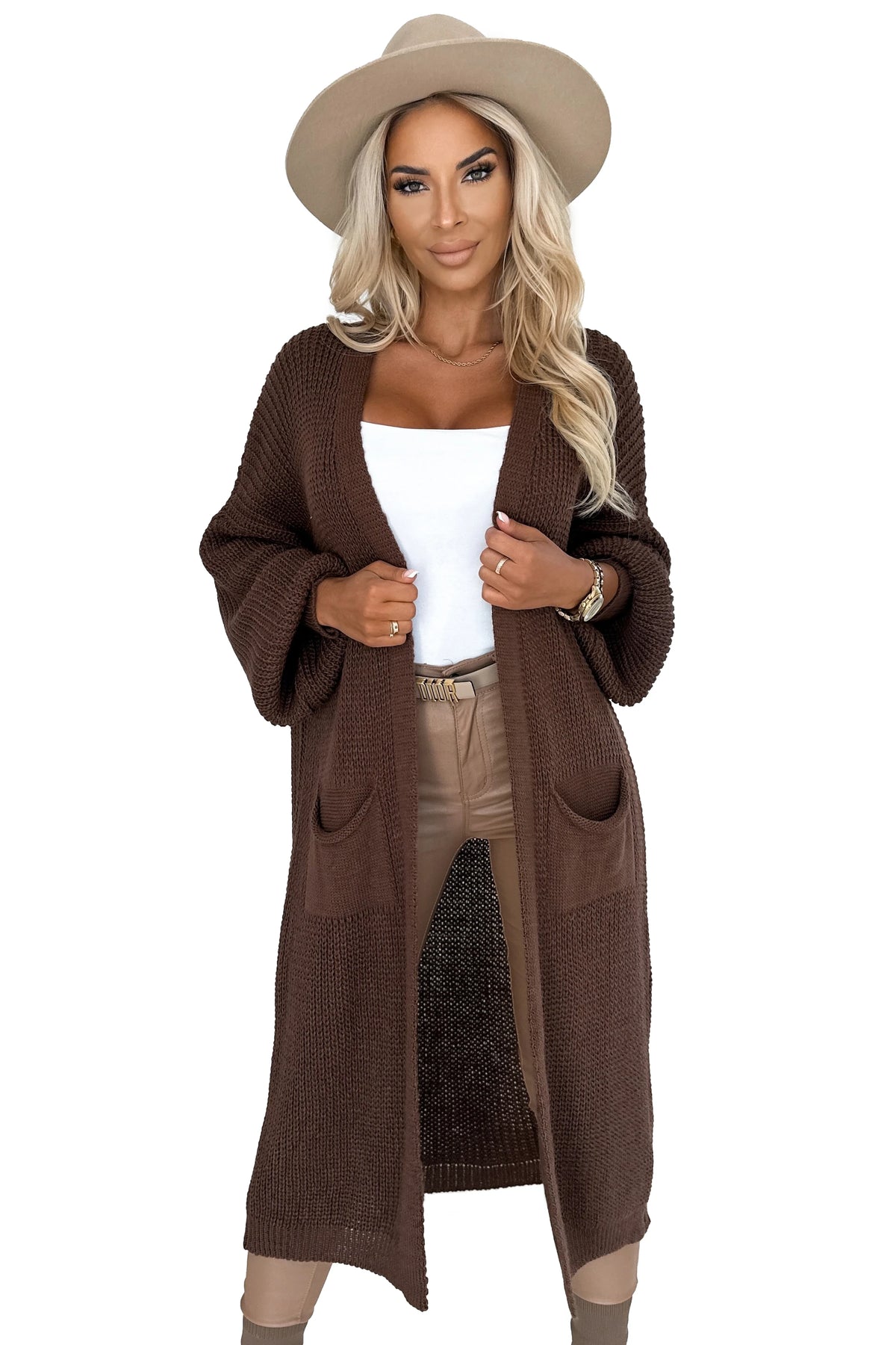627-2 Strickjacke - langer Pulloverumhang mit Taschen - Schokoladenfarbe