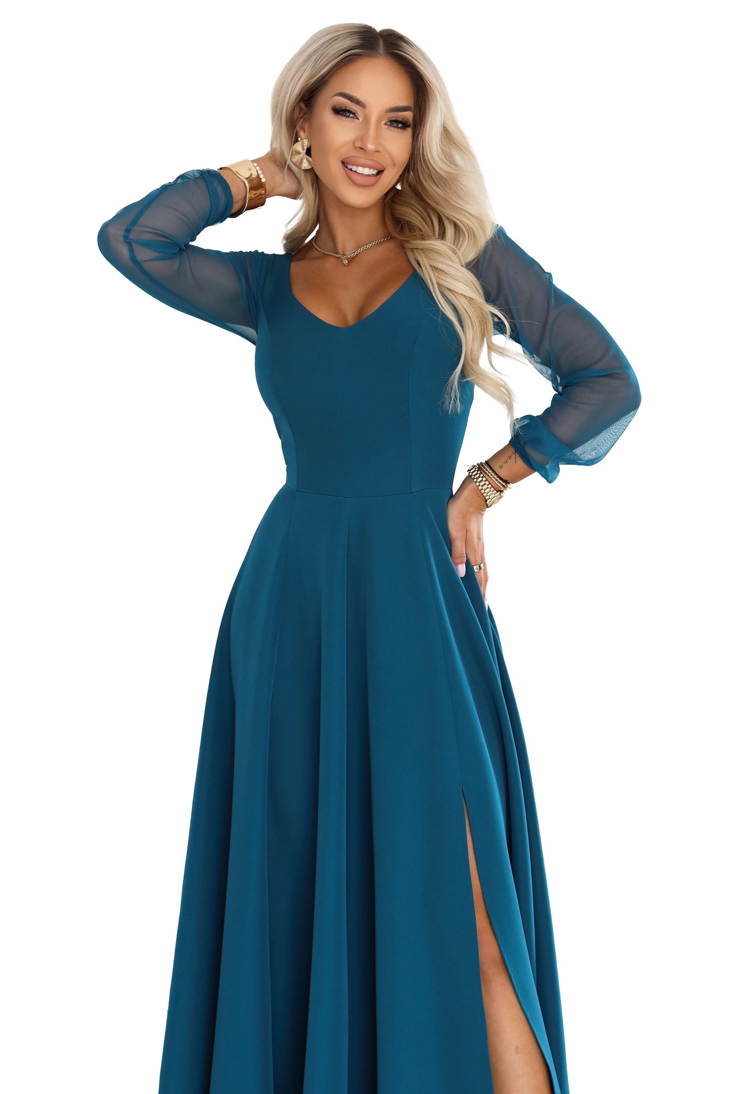 640-7 LORETTA Außergewöhnliches langes Kleid mit Tüllärmeln und Ausschnitt - meergrün