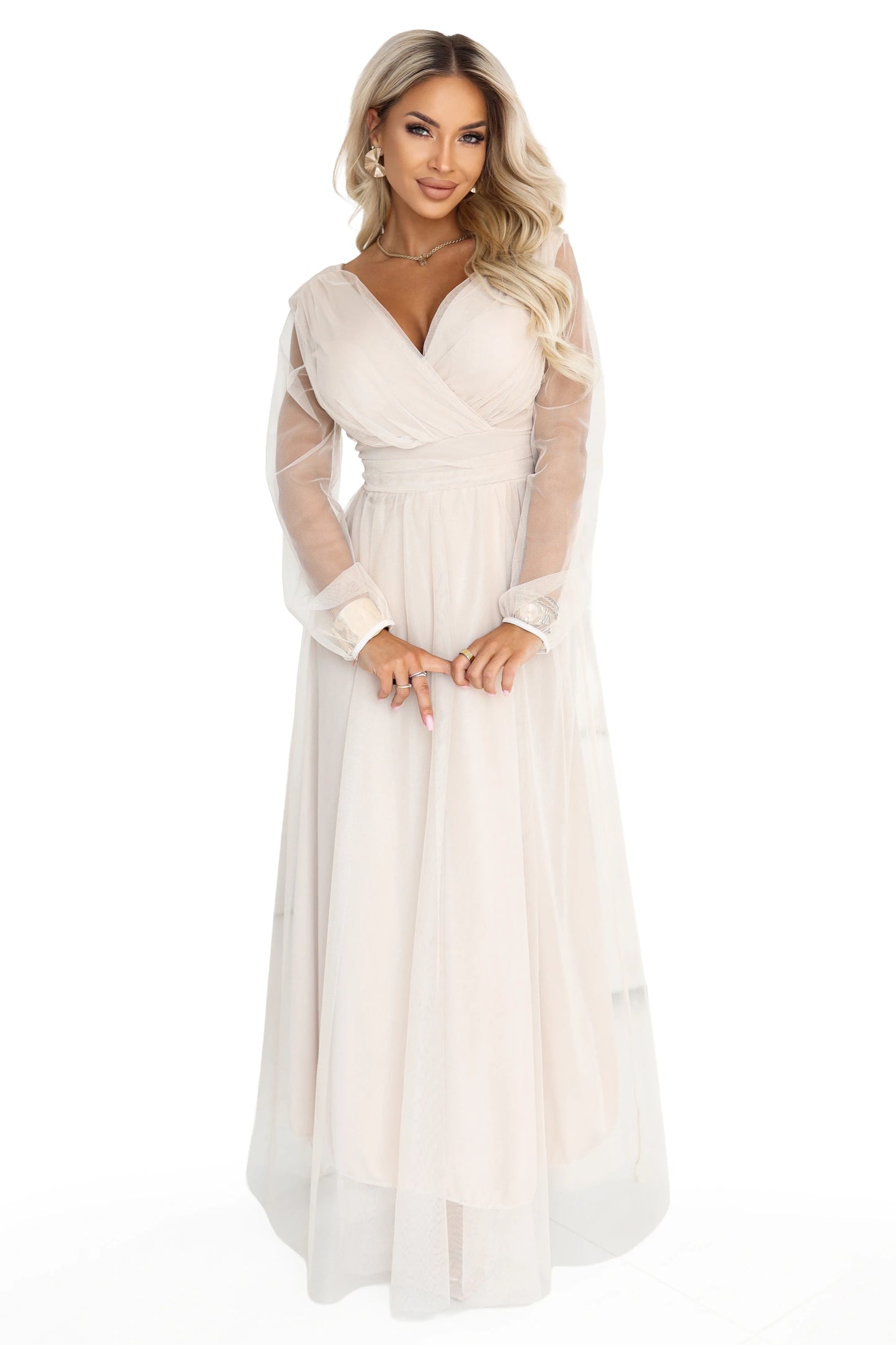 664-6 Langes Maxikleid mit Tüllärmeln und Wickelausschnitt