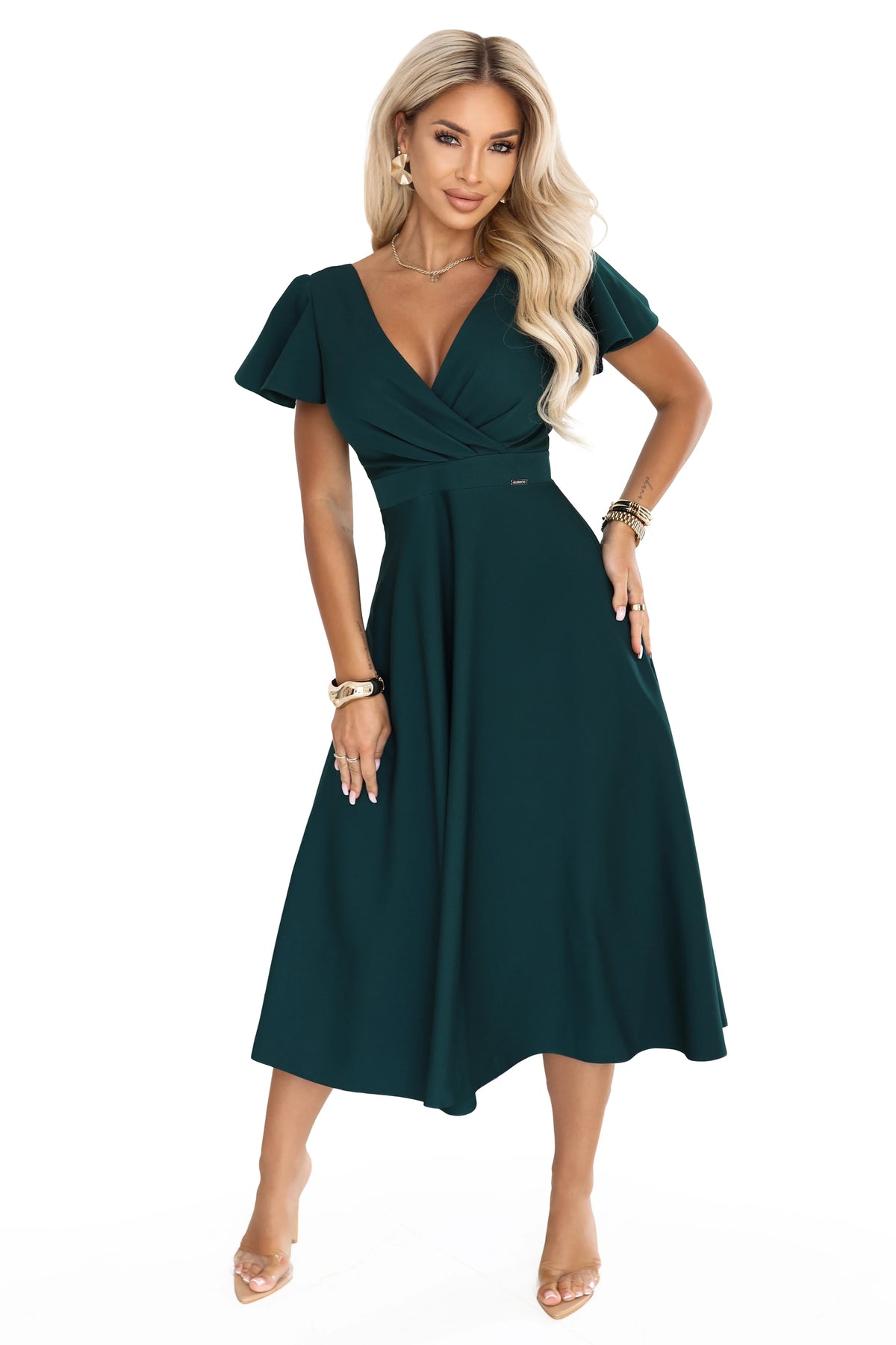 675-2 Ausgestelltes Midikleid mit Wickelausschnitt und kurzem Ärmel