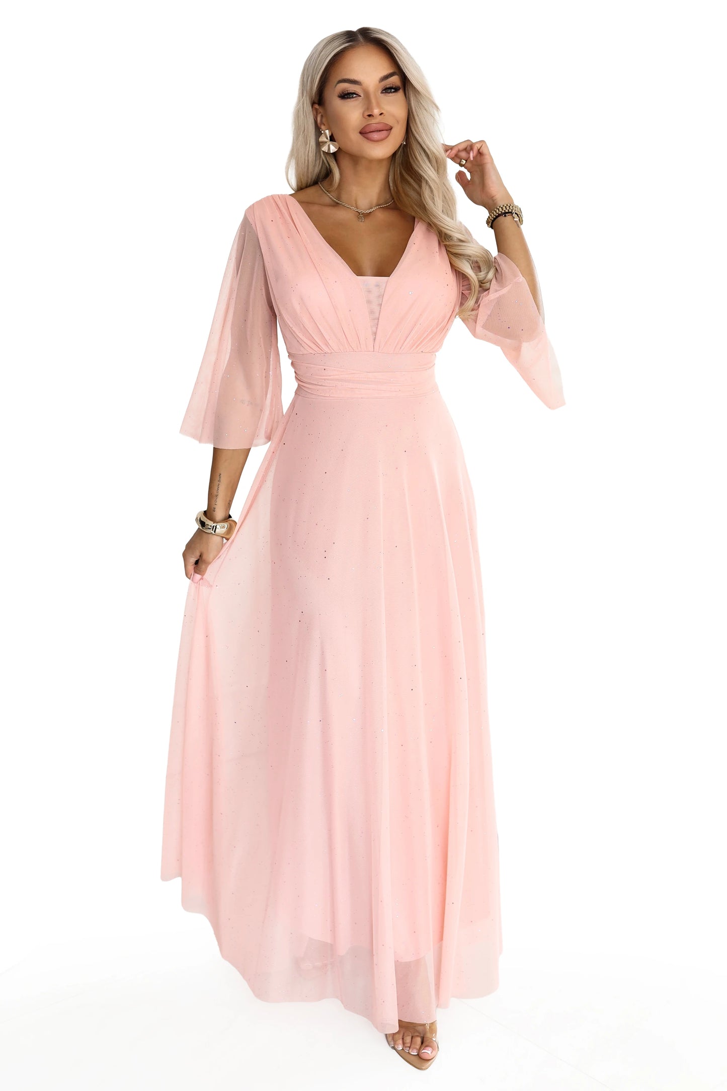 682-2 SOLENNE Langes schimmerndes Kleid mit Ausschnitt und Ärmel - pfirsichfarben