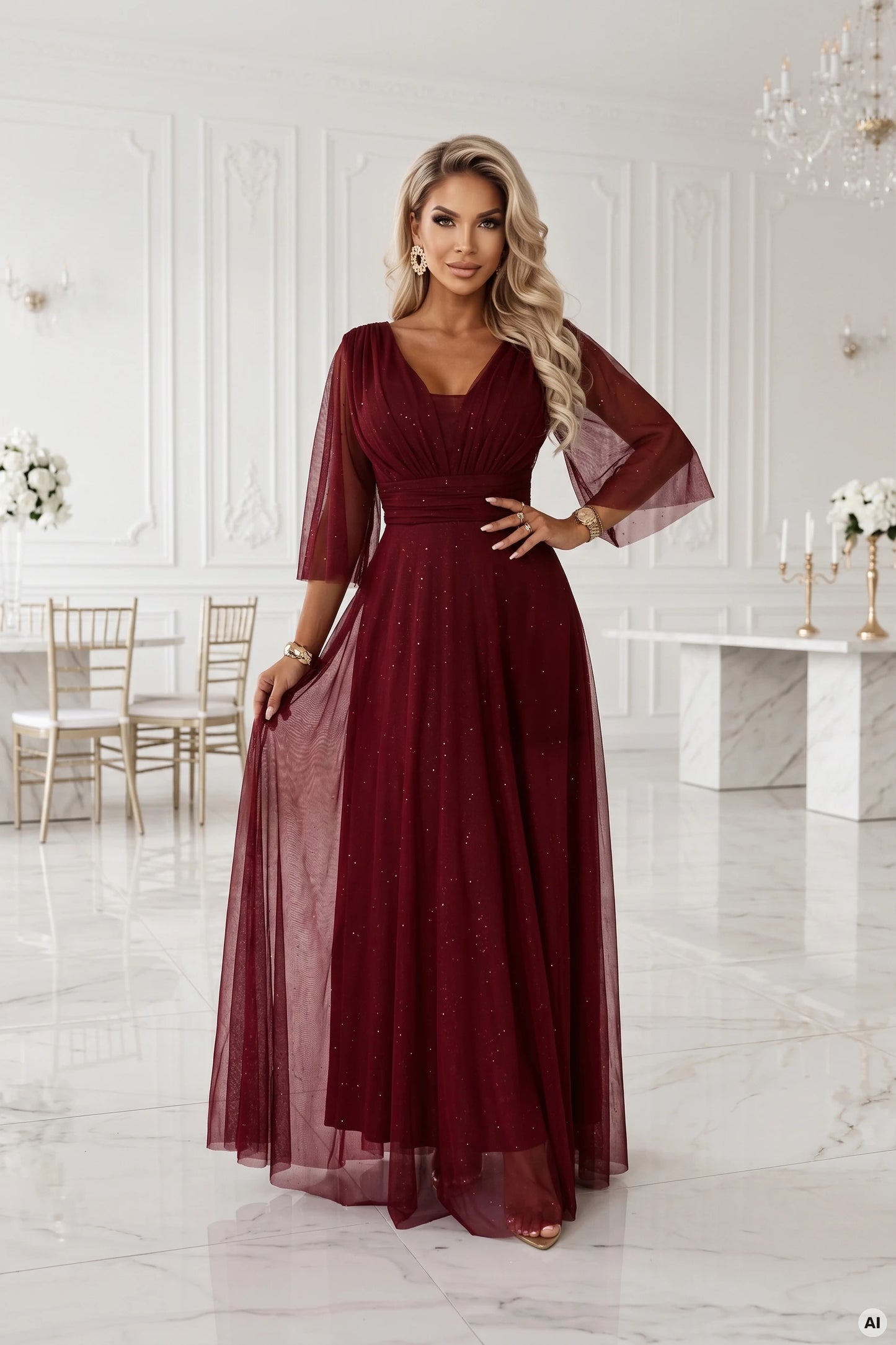 682-3 SOLENNE Langes schimmerndes Kleid mit Ausschnitt und Ärmel - dunkelbordeaux