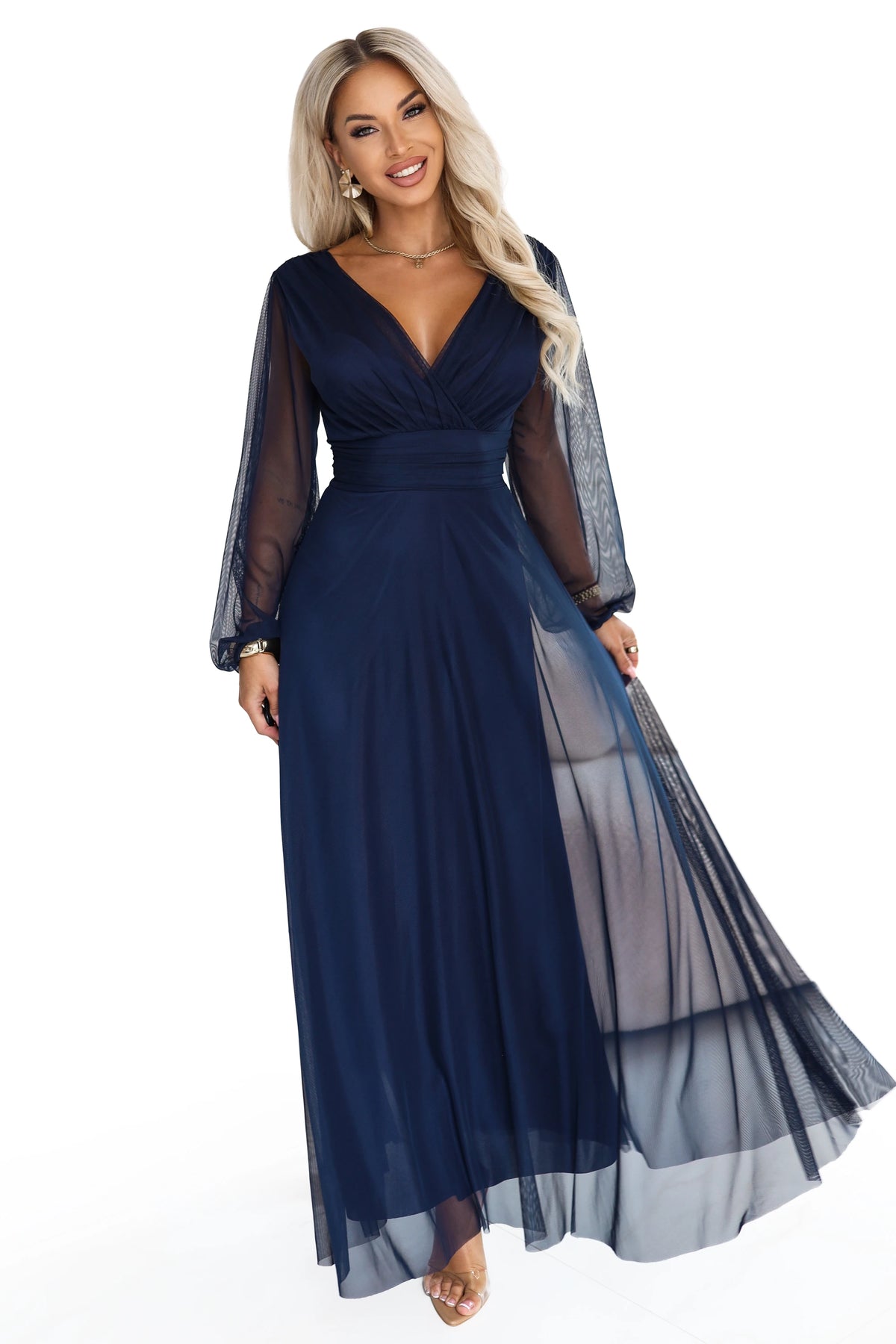 684-3 NERISSA Elegantes Tüll-Maxikleid mit Wickelausschnitt - marineblau
