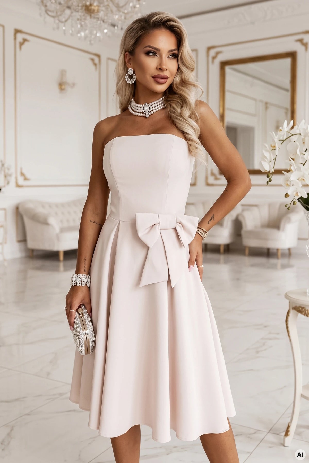 692-2 NAYA Elegantes trägerloses Korsett-Midikleid mit Schleife - hellbeige