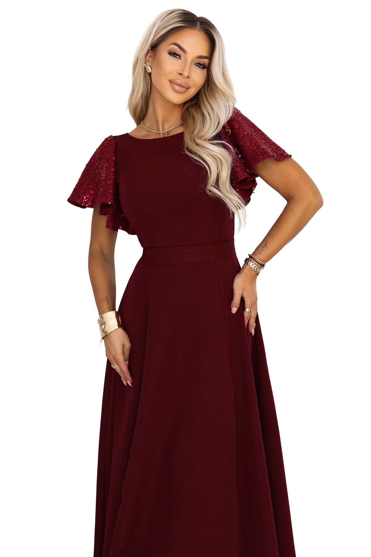 694-3 MIRELLA Elegantes ausgestelltes Maxikleid mit Pailletten-Ärmeln - bordeauxrot