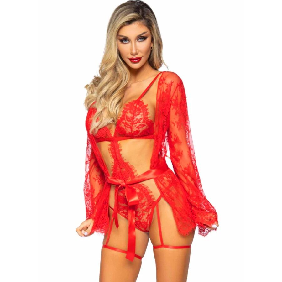 LEG AVENUE - 86123 TEDDY- UND STRUMPFBAND-BADEMANTEL-SET, ROT, GRÖSSE