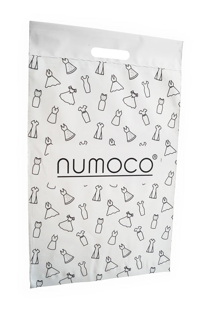 0-6 Folientransportbeutel - weiß matt + schwarz numoco Logo mit Griff