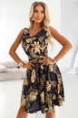 114-18 Schwarzes Midikleid mit elegantem Oberteil und ausgestelltem Rock - goldene Blätter