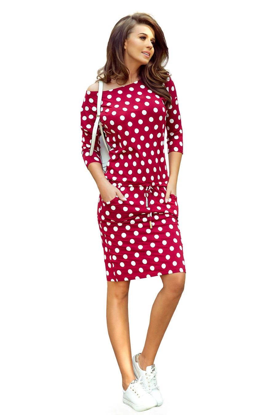 13-111 Sportkleid mit Bindung und Taschen - Burgund + Tupfen
