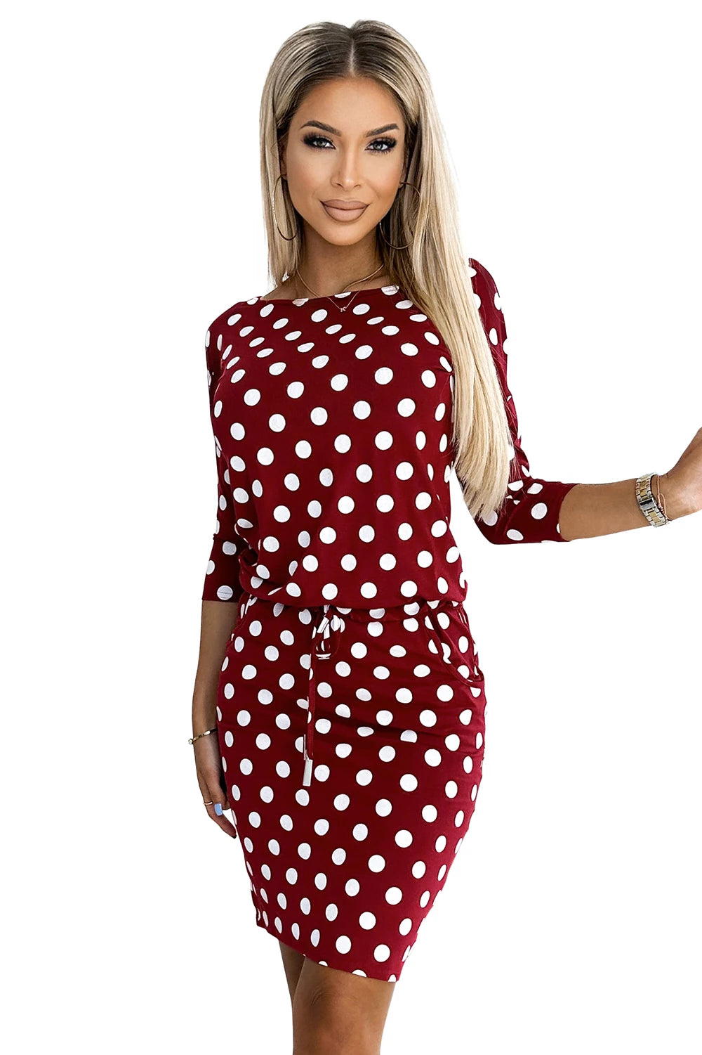 13-164 Sportkleid mit Bindung und Taschen - Burgund + Tupfen