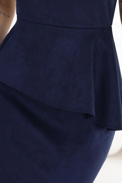192-18 Elegantes Wildleder-Midikleid mit Schößchen - marineblau
