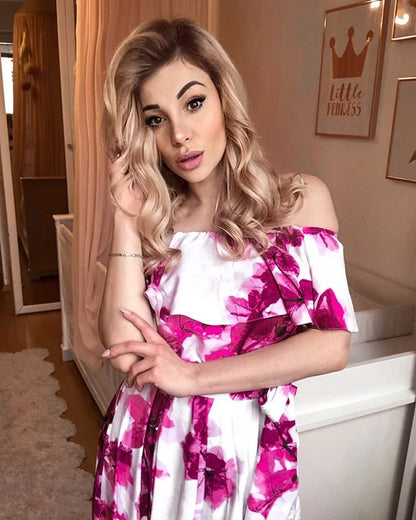 194-2 Langes Kleid mit Rüschen - große rosa Blumen