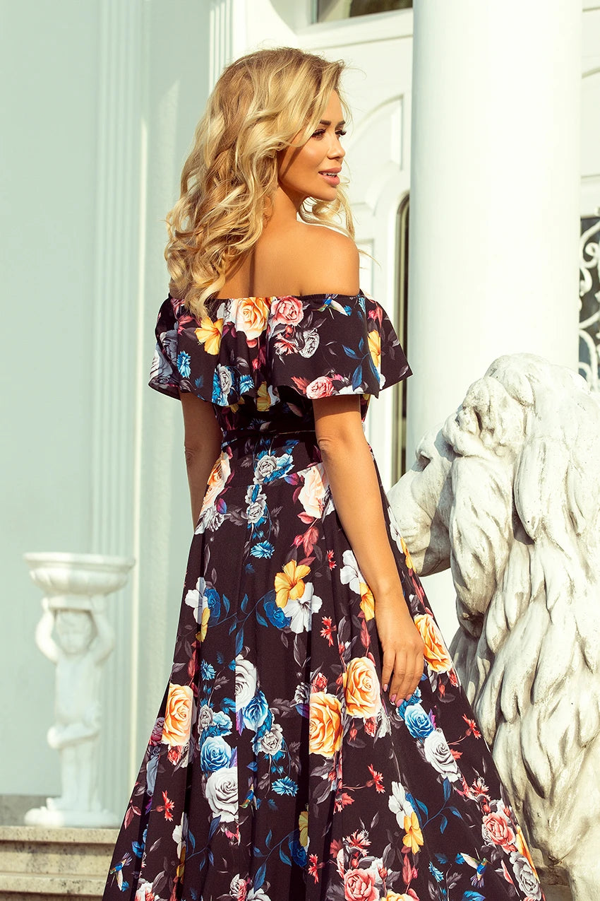 194-3 Langes Kleid mit Rüschen - schwarz + bunte Blumen