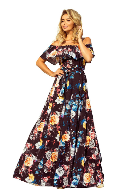194-3 Langes Kleid mit Rüschen - schwarz + bunte Blumen