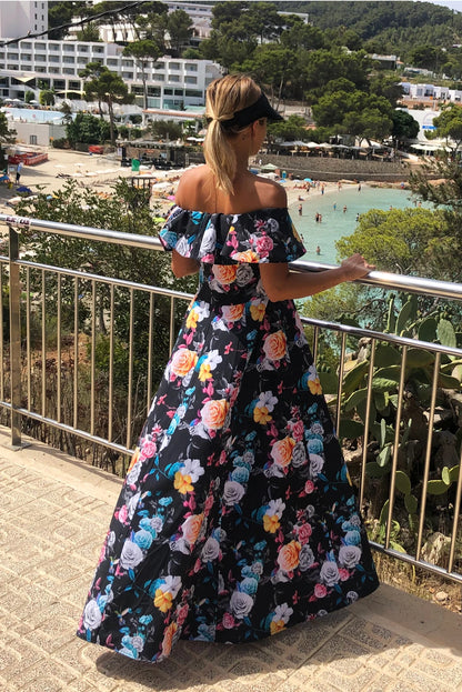 194-3 Langes Kleid mit Rüschen - schwarz + bunte Blumen