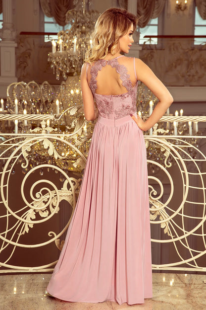 215-5 LEA langes ärmelloses Kleid mit aufgesticktem Dekolleté - TAUPE