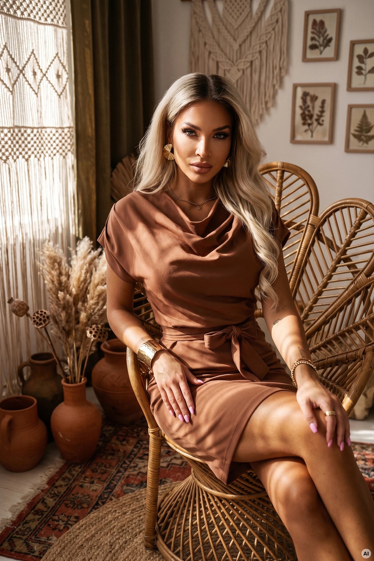 240-13 ROXI Bequemes Kleid mit asymmetrischem Rock und Gürtel - schokoladenbraun