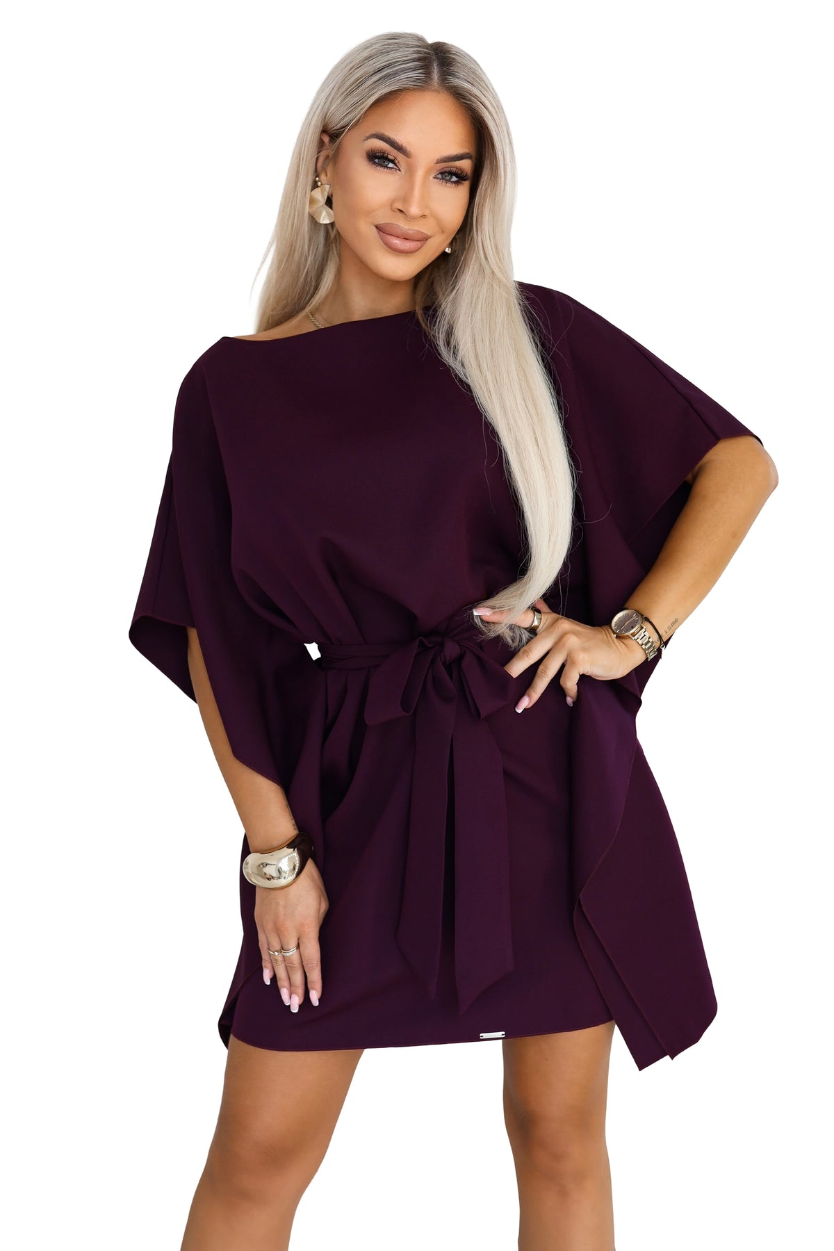 287-48 SOFIA Feminines Schmetterlingskleid mit Bindegürtel in der Taille - reife Pflaume