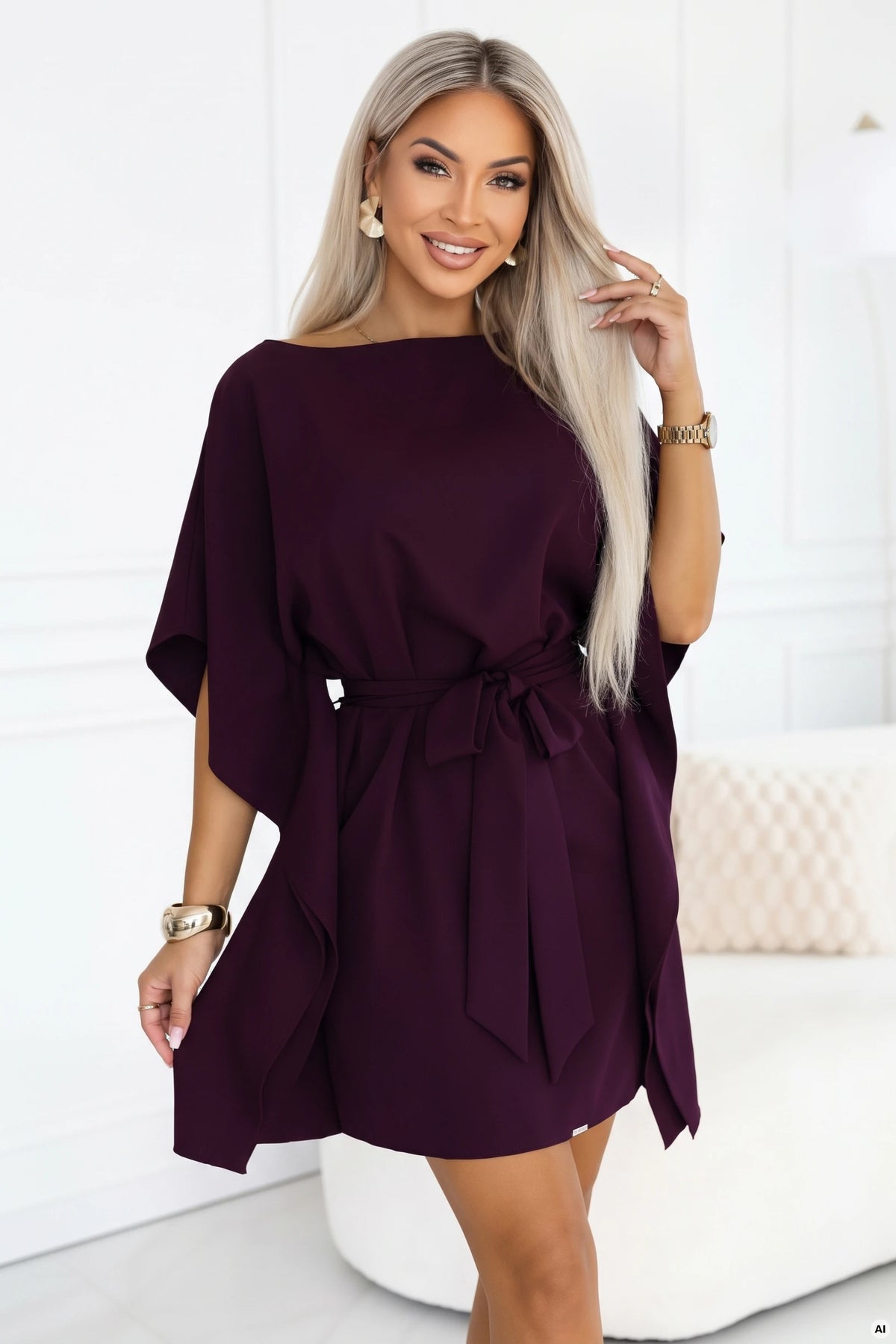 287-48 SOFIA Feminines Schmetterlingskleid mit Bindegürtel in der Taille - reife Pflaume