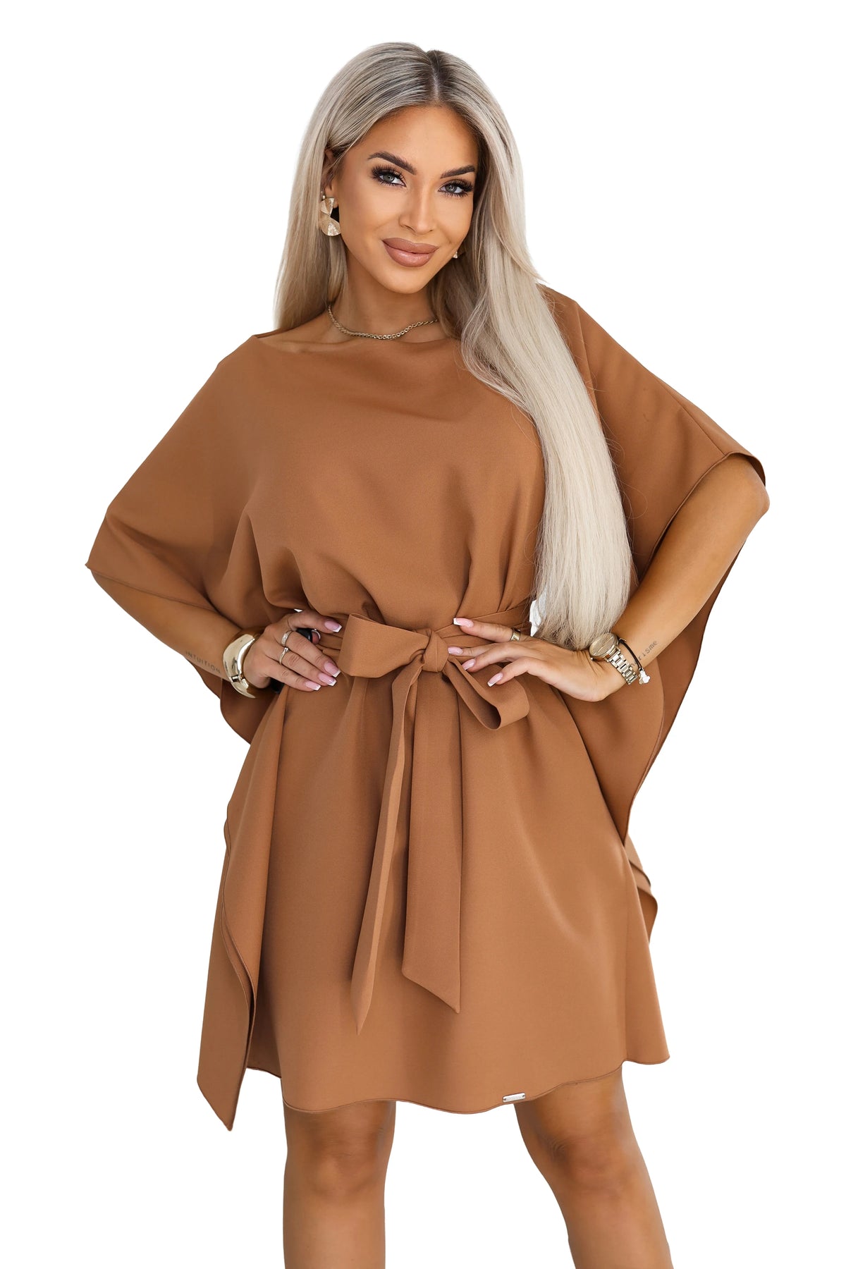 287-49 SOFIA Feminines Schmetterlingskleid mit Bindegürtel in der Taille - Toffee