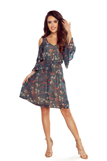 292-2 MARINA Kleid mit Ausschnitt - grün mit Blumen