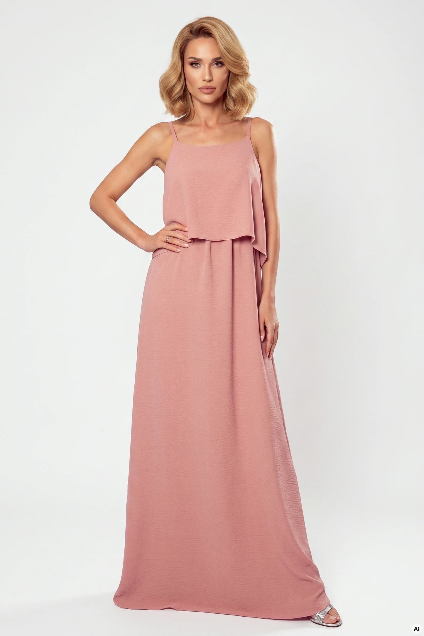 294-3 Ein langes Sommerkleid mit Trägern - Puderrosa