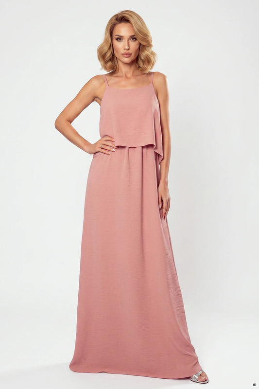 294-3 Ein langes Sommerkleid mit Trägern - Puderrosa