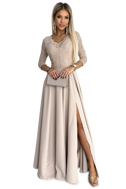 309-10 AMBER Spitze, elegantes langes Kleid mit Ausschnitt und Beinschlitz