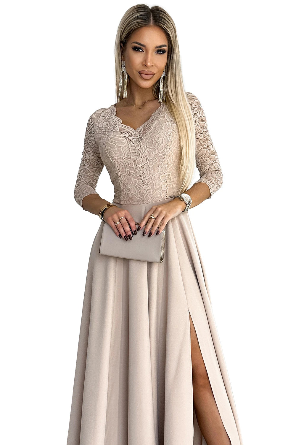 309-10 AMBER Spitze, elegantes langes Kleid mit Ausschnitt und Beinschlitz