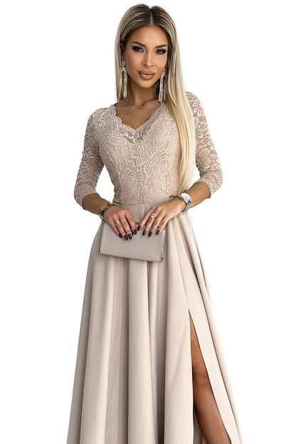 309-10 AMBER Spitze, elegantes langes Kleid mit Ausschnitt und Beinschlitz