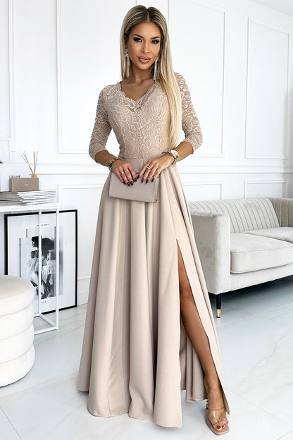 309-10 AMBER Spitze, elegantes langes Kleid mit Ausschnitt und Beinschlitz