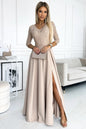 309-10 AMBER Spitze, elegantes langes Kleid mit Ausschnitt und Beinschlitz