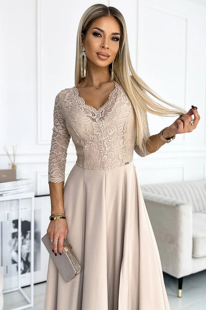 309-10 AMBER Spitze, elegantes langes Kleid mit Ausschnitt und Beinschlitz