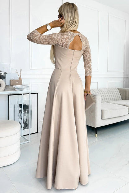 309-10 AMBER Spitze, elegantes langes Kleid mit Ausschnitt und Beinschlitz