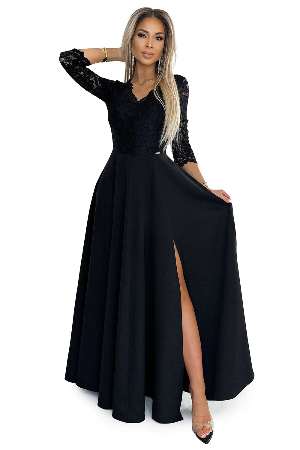 309-11 AMBER Spitze, elegantes langes Kleid mit Ausschnitt und Beinschlitz
