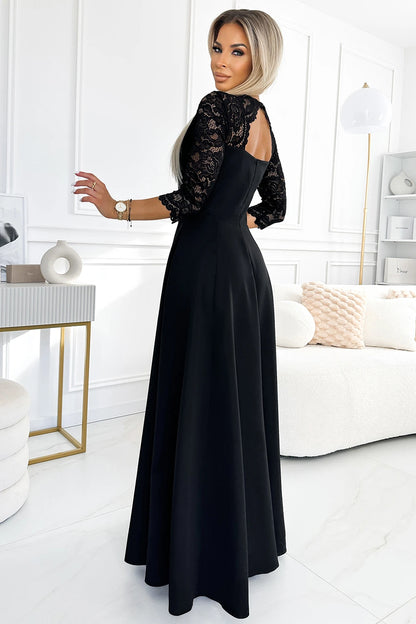 309-11 AMBER Spitze, elegantes langes Kleid mit Ausschnitt und Beinschlitz