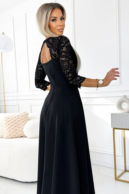 309-11 AMBER Spitze, elegantes langes Kleid mit Ausschnitt und Beinschlitz