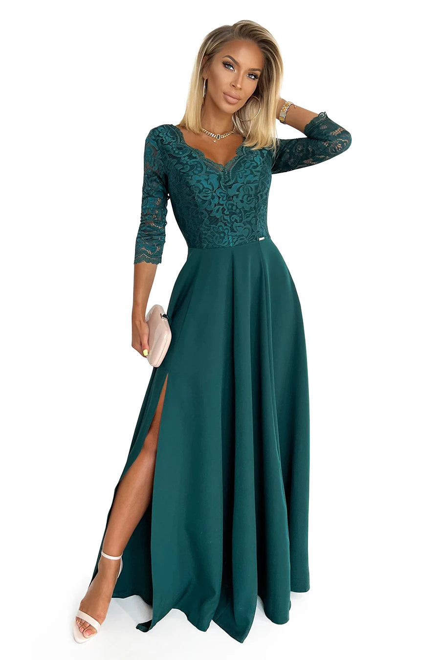 309-5 AMBER elegantes langes Spitzenkleid mit Ausschnitt