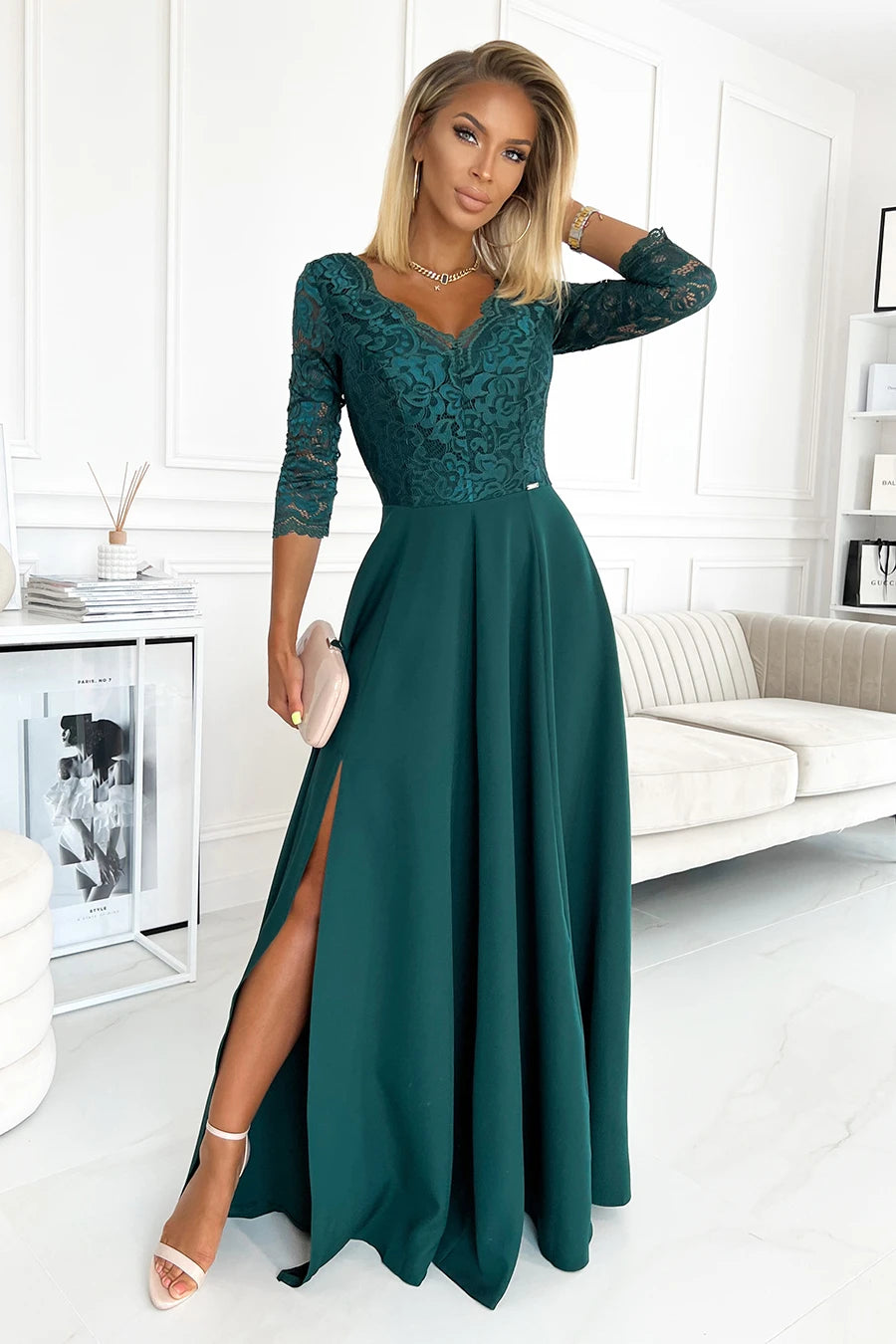 309-5 AMBER elegantes langes Spitzenkleid mit Ausschnitt