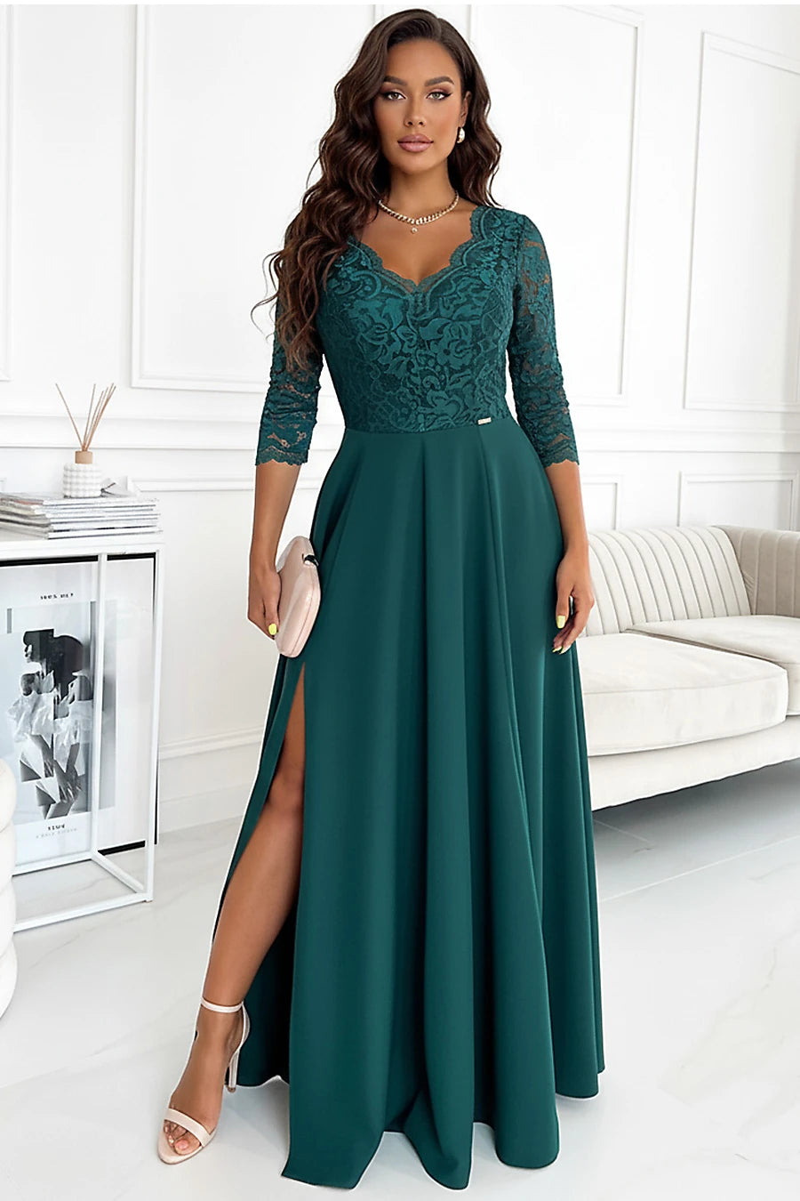 309-5 AMBER elegantes langes Spitzenkleid mit Ausschnitt