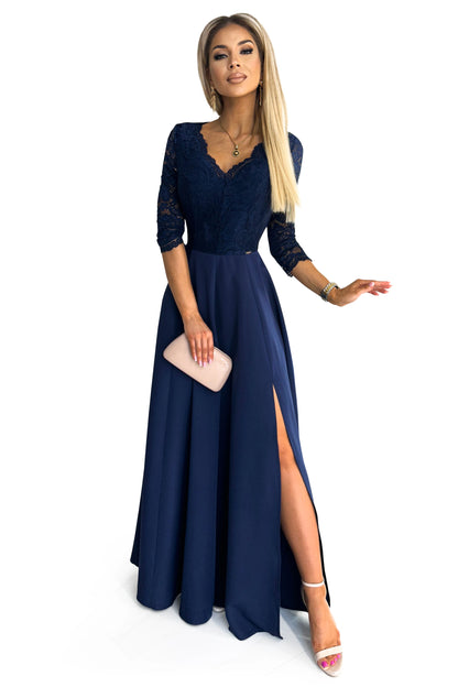 309-6 AMBER elegantes langes Spitzenkleid mit Ausschnitt - Dunkelblau