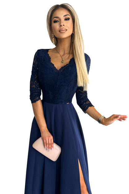 309-6 AMBER elegantes langes Spitzenkleid mit Ausschnitt - Dunkelblau