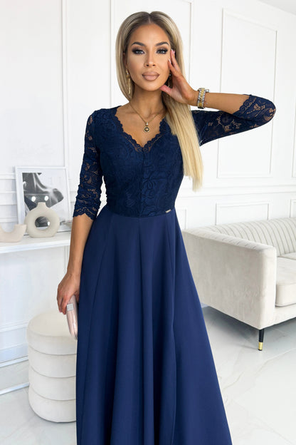 309-6 AMBER elegantes langes Spitzenkleid mit Ausschnitt - Dunkelblau