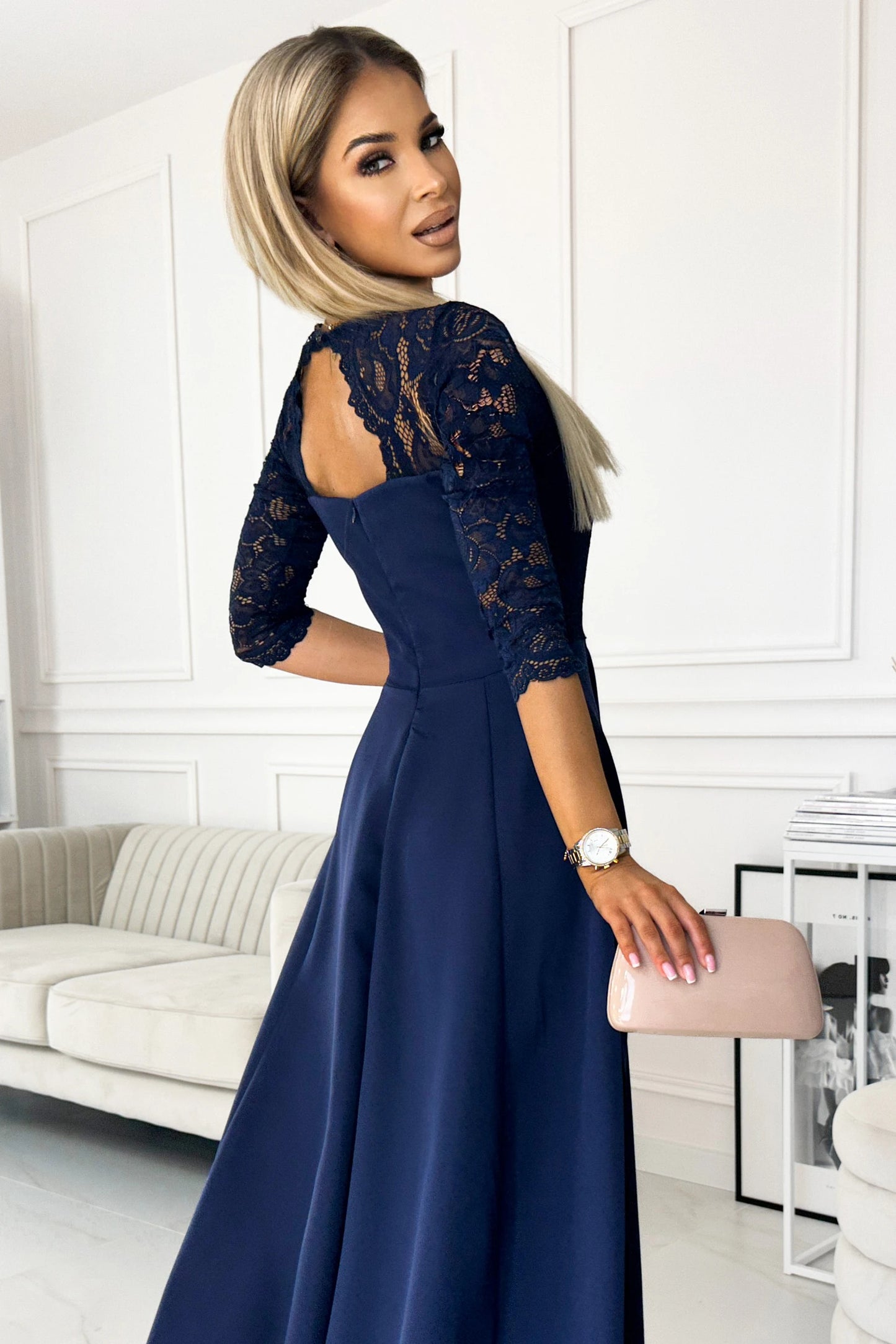 309-6 AMBER elegantes langes Spitzenkleid mit Ausschnitt - Dunkelblau