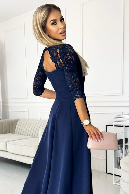 309-6 AMBER elegantes langes Spitzenkleid mit Ausschnitt - Dunkelblau