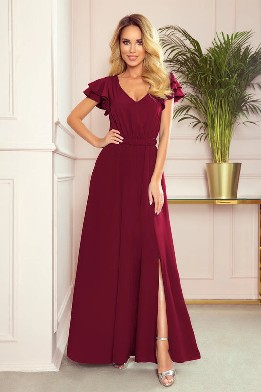 310-5 LIDIA langes Kleid mit Ausschnitt und Rüschen - Burgunderfarbe
