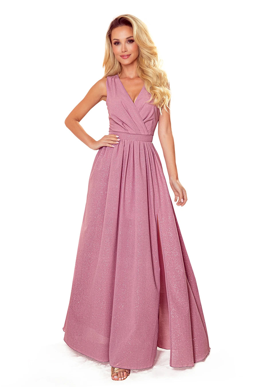 362-1 JUSTINE Langes Kleid mit Ausschnitt und Krawatte - Puderrosa mit Glitzer